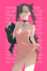 Rule 34 | 1girl, absurdres, asymmetrical bangs, black collar, black hair, black jacket, black nails, blue eyes, breasts, cleavage, clothes down, clothes lift, collar, collarbone, cowboy shot, creatures (company), dress, dress lift, game freak, hair between eyes, hair ribbon, highres, huge filesize, jacket, lifted by self, long hair, looking at viewer, marnie (pokemon), nail polish, nintendo, off shoulder, oka ball, open mouth, pink background, pink dress, pokemon, pokemon swsh, pussy juice, red ribbon, ribbon, short dress, sleeveless, sleeveless dress, small breasts, solo, standing, tongue, tongue out, twintails