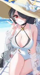 Rule 34 | absurdres, arm up, beach chair, black hair, blue archive, blue ribbon, breasts, flower, hair over one eye, halo, halterneck, hat, hat flower, hat ribbon, highres, hinata (blue archive), hinata (swimsuit) (blue archive), large breasts, light smile, loais, one-piece swimsuit, red eyes, ribbon, sun hat, swimsuit, v