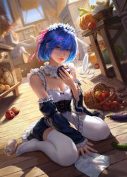 Rule 34 | 1girl, absurdres, apple, apron, backlighting, blue hair, bottle, breasts, cat, commentary request, corset, day, detached collar, detached sleeves, dutch angle, eggplant, food, fruit, hair ornament, hair ribbon, highres, jiayuan song, lips, looking at viewer, maid, maid headdress, milk bottle, no shoes, nose, plum, re:zero kara hajimeru isekai seikatsu, realistic, rem (re:zero), ribbon, short hair, small breasts, solo, thighhighs, vegetable, waist apron, white cat, white thighhighs, x hair ornament, zettai ryouiki, zucchini (vegetable)