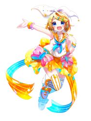 Rule 34 | 1girl, :d, blonde hair, blue eyes, boots, fang, hair ribbon, hand up, highres, kagamine rin, looking at viewer, multiple bracelets, nail polish, open mouth, outstretched hand, ribbon, sailor collar, shirayuki towa, shirt, short hair, skirt, smile, solo, striped clothes, striped thighhighs, thighhighs, vocaloid, white ribbon, white shirt, winged footwear, yellow nails, yellow sailor collar, yellow skirt