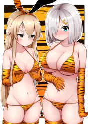 Rule 34 | 2girls, absurdres, animal ears, animal print, bikini, blonde hair, blue eyes, blush, breast envy, breasts, cleavage, elbow gloves, eyes visible through hair, fake animal ears, gloves, grey eyes, hair ornament, hairclip, hamakaze (kancolle), hand on own stomach, hands on own chest, highres, kantai collection, large breasts, long hair, multiple girls, orange bikini, shimakaze (kancolle), short hair, silver hair, small breasts, string bikini, swimsuit, thighhighs, tiemu (man190), tiger print