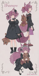 Rule 34 | 1girl, alternate costume, animal bag, animal ear fluff, arknights, backpack, bag, black bow, black dress, black footwear, book, boots, bow, character name, chinese commentary, choker, closed mouth, collared dress, commentary, dress, expressionless, fox girl, fox tail, frilled hairband, frills, full body, gothic lolita, hair bow, hairband, head tilt, high heels, highres, holding, holding book, holding stuffed toy, lolita fashion, long sleeves, looking at viewer, loose socks, medium hair, mixed-language commentary, morte (arknights), multiple views, nail polish, open book, pantyhose, puffy short sleeves, puffy sleeves, purple eyes, purple hair, purple nails, red bow, red footwear, red medicine, shamare (arknights), short sleeves, socks, stuffed toy, stuffed wolf, tail, twitter username, two side up, white pantyhose, white socks, wrist cuffs