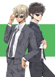 Rule 34 | 2boys, adjusting eyewear, amuro tooru, belt, black belt, black jacket, black neckwear, black pants, black suit, blonde hair, brown hair, closed mouth, collared shirt, commentary, cowboy shot, crossed arms, dreaming182, fingernails, formal, green background, grey jacket, grey neckwear, grey pants, grey suit, grin, hair between eyes, hand on eyewear, hand on own hip, hand up, highres, jacket, long sleeves, looking at viewer, loose necktie, male focus, matsuda jinpei, meitantei conan, multiple boys, necktie, open clothes, open jacket, pants, shirt, shirt tucked in, short hair, sleeves rolled up, smile, standing, suit, sunglasses, teeth, two-tone background, white background, white shirt