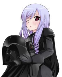 Rule 34 | 1girl, aria (sister princess), cosplay, crossover, darth vader, darth vader (cosplay), drill hair, duplicate, gloves, long hair, mask, unworn mask, open mouth, parody, pun, purple hair, ringlets, simple background, sister princess, solo, star wars, sweatdrop, textless version, unmask, white background, wince, yatsune rika
