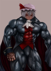 Rule 34 | 1girl, bad id, bad pixiv id, capcom, crossover, demitri maximoff, fusion, hair between eyes, if they mated, kirieppa, manly, muscular, muscular female, pink background, remilia scarlet, solo, touhou, vampire (game)