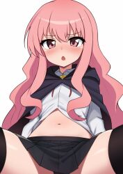 Rule 34 | 1girl, arm support, black cape, black panties, black skirt, black thighhighs, blush, cape, commentary, dot nose, embarrassed, english commentary, frown, highres, invisible chair, leaning back, long hair, looking at viewer, louise francoise le blanc de la valliere, medallion, midriff, mikoscrub, miniskirt, navel, open mouth, panties, pink eyes, pink hair, pleated skirt, shadow, shirt, sidelocks, simple background, sitting, skindentation, skirt, solo, spread legs, thighhighs, underwear, very long hair, white background, white shirt, zero no tsukaima