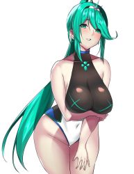 Rule 34 | 1girl, bad id, bad twitter id, blush, breasts, chuu sei, covered navel, curvy, earrings, green eyes, green hair, jewelry, large breasts, long hair, looking at viewer, matching hair/eyes, nintendo, one-piece swimsuit, pneuma (xenoblade), ponytail, simple background, solo, spoilers, swept bangs, swimsuit, thick thighs, thighs, very long hair, wide hips, xenoblade chronicles (series), xenoblade chronicles 2