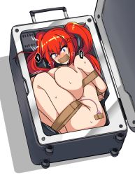 Rule 34 | 1girl, anger vein, bdsm, blue eyes, blush, bondage, bound, breasts, gag, hair between eyes, huge breasts, improvised gag, in container, last origin, looking at viewer, luggage, may of doom, nude, rebake, red hair, restrained, rolling suitcase, sex toy, simple background, solo, suitcase, sweat, tape, tape gag, twintails, vibrator, white background