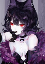 Rule 34 | 1girl, animal ears, bare shoulders, black hair, breasts, cat ears, cat girl, choker, dress, earrings, facing viewer, fang, fur trim, hair ornament, hairclip, highres, jewelry, open mouth, original, pale skin, red eyes, sheya, short hair, small breasts, solo focus, strapless, strapless dress