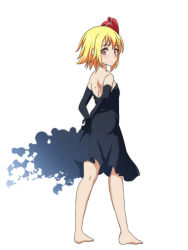 Rule 34 | 1girl, arms behind back, backless outfit, bare shoulders, barefoot, black dress, black gloves, blonde hair, cato (monocatienus), commentary request, darkness, dress, elbow gloves, full body, gloves, hair ribbon, looking at viewer, red eyes, ribbon, rumia, short hair, simple background, solo, strapless, strapless dress, touhou, white background