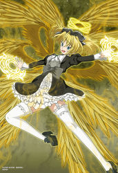 Rule 34 | 1girl, angel wings, bird wings, blonde hair, blue eyes, bow, breasts, center frills, double halo, fang, fang out, frills, garter straps, gothic lolita, hair bow, halo, high school dxd, highres, lolita fashion, magic circle, mittelt, multiple wings, open mouth, short hair, small breasts, smile, solo, thighhighs, twintails, white thighhighs, wings, yellow background, yxyyxy