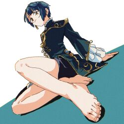 Rule 34 | 1boy, ai roid, barefoot, black shorts, blue hair, closed mouth, earrings, feet, frilled sleeves, frills, genshin impact, highres, jewelry, long sleeves, looking at viewer, male focus, orange eyes, retro artstyle, shorts, simple background, single earring, sitting, solo, two-tone background, xingqiu (genshin impact)