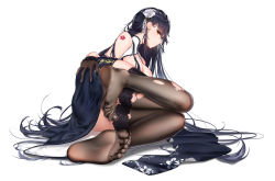 Rule 34 | 1girl, ass, azuma (azur lane), azuma (soft voice of spring) (azur lane), azur lane, bare shoulders, black gloves, black hair, black thighhighs, blush, breasts, brown eyes, china dress, chinese clothes, cleavage, dress, feet, flower, gloves, hair between eyes, hair flower, hair ornament, hbb, highres, large breasts, legs, long hair, looking at viewer, lying, no shoes, on side, simple background, smile, soles, solo, tattoo, thighhighs, torn clothes, torn thighhighs, very long hair, white background, white flower