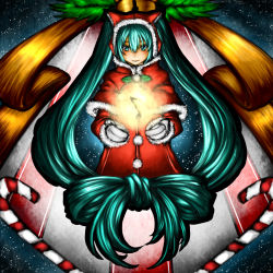 Rule 34 | bow, bow-shaped hair, candy, candy cane, christmas, eiji (eiji), food, hair bow, hatsune miku, highres, long hair, musical note, santa costume, solo, twintails, vocaloid