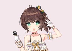 Rule 34 | 1girl, ahoge, armpits, brown hair, choker, collarbone, gloves, green eyes, grey background, hair ornament, hand up, hololive, medium hair, microphone, moegala, natsuiro matsuri, open mouth, ribbon, side ponytail, simple background, smile, solo, v, virtual youtuber