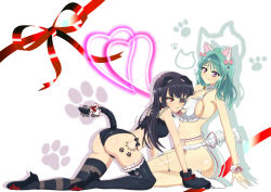 Rule 34 | 2girls, all fours, animal ears, animal hands, aqua hair, artist request, ass, bashou (senran kagura), black bow, black hair, bow, breast smother, breasts, cat ears, cat girl, cat lingerie, cat paws, cat tail, choker, collar, dontakadx, eyepatch, face to breasts, fur choker, fur collar, fur trim, green hair, heart, heels, keyhole bra, lace, large breasts, meme attire, mirai (senran kagura), multiple girls, paw print, paw print background, pink bow, pink ribbon, purple eyes, red eyes, red ribbon, ribbon, senran kagura, sitting, source request, tail, thick thighs, thighhighs, thighs, white background