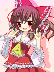 Rule 34 | 1girl, :3, ascot, bad id, bad nicoseiga id, blush, bow, brown hair, female focus, frills, gradient background, hair bow, hair tubes, hakurei reimu, looking at viewer, open mouth, pointing, pointing up, red eyes, shefu, skirt, solo, touhou