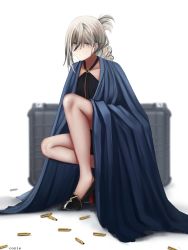 Rule 34 | 1girl, an-94 (girls&#039; frontline), an-94 (silent rouge) (girls&#039; frontline), aqua eyes, artist name, black dress, black footwear, blonde hair, blue cape, breasts, bullet, cape, closed mouth, collarbone, cozie178, defy (girls&#039; frontline), dress, drill hair, drill ponytail, earrings, full body, girls&#039; frontline, high heels, highres, jewelry, legs, long hair, looking at viewer, official alternate costume, ponytail, shell casing, sitting, small breasts, solo, weapon case, white background