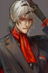 Rule 34 | 1boy, antonio salieri (fate), antonio salieri (second ascension) (fate), ascot, black gloves, black jacket, collared shirt, dated, fate/grand order, fate (series), formal, gloves, grey background, jacket, long sleeves, looking to the side, male focus, neckwear request, pinstripe pattern, red ascot, shirt, short hair, signature, simple background, snnoa ha, solo, striped, suit, upper body, white hair, white shirt