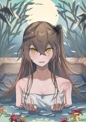 Rule 34 | 1girl, absurdres, bare shoulders, blush, breasts, brown hair, cleavage, collarbone, fuku00, girls&#039; frontline, hair ornament, hairclip, highres, long hair, looking at viewer, naked towel, on water, onsen, open mouth, scar, scar across eye, side ponytail, small breasts, smile, solo, towel, ump45 (girls&#039; frontline), upper body, yellow eyes