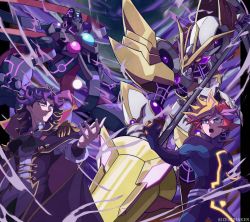 Rule 34 | 2boys, absurdres, accesscode talker, ai (yu-gi-oh!), armor, ascot, black hair, blonde hair, bodysuit, cape, closed mouth, duel monster, earrings, epaulettes, fujiki yusaku, green eyes, highres, holding, holding polearm, holding scythe, holding weapon, jewelry, lance, long sleeves, mecha, medium hair, multicolored hair, multiple boys, open mouth, outstretched arm, playmaker (yu-gi-oh!), polearm, purple hair, red hair, robot, scythe, streaked hair, the arrival cyberse @ignister, twitter username, weapon, yellow eyes, yu-gi-oh!, yu-gi-oh! vrains, zealmaker