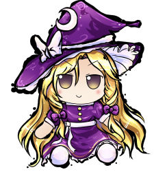 Rule 34 | 1girl, blonde hair, blush, bow, braid, buttons, chibi, commentary, crescent, crescent hat ornament, dress, full body, fumo (doll), hair between eyes, hat, hat ornament, highres, kirisame marisa, kirisame marisa (pc-98), lis (lislisette), long hair, looking at viewer, purple bow, purple dress, purple eyes, purple hat, purple skirt, ribbon, short sleeves, simple background, sitting, skirt, smile, solo, tokiame (style), touhou, twin braids, v-shaped eyebrows, very long hair, white background, white bow, white footwear, white ribbon, witch hat