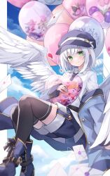 Rule 34 | 1girl, balloon, black thighhighs, blue footwear, blue hat, blue jacket, blue shorts, boots, bow, box, breasts, cabbie hat, closed mouth, cloud, cloudy sky, collared shirt, cross-laced footwear, dress shirt, feathered wings, footwear bow, green eyes, hat, highres, holding, holding box, jacket, kure~pu, letter, light smile, off shoulder, open clothes, open jacket, original, oshirase-chan (kure~pu), shirt, short hair, short shorts, shorts, sky, small breasts, smile, solo, thighhighs, white hair, white shirt, white wings, wings