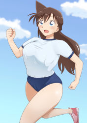 Rule 34 | 1girl, :d, ass, blue buruma, blue eyes, blue sky, blush, bouncing breasts, breasts, brown hair, buruma, clenched hands, cloud, female focus, foot out of frame, from side, gym shirt, gym uniform, highres, huge breasts, long hair, meitantei conan, mouri ran, open mouth, pink footwear, pointy hair, poron (pixiv id 17549041), running, shirt, shirt tucked in, shoes, short sleeves, sky, smile, sneakers, solo, tms entertainment, uniform, white shirt