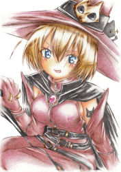Rule 34 | 1girl, belt, black cat, blonde hair, blue eyes, breasts, cape, cat, colored pencil (medium), digimon, facial mark, familiar, fangs, gem, hat, high collar, highres, monster girl, multiple belts, tattoo, traditional media, witch, witch hat, witchmon