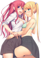 Rule 34 | 2girls, back, bare arms, blonde hair, blouse, blush, bra, breasts, cleavage, collared shirt, cowboy shot, crotch rub, cube hair ornament, embarrassed, from side, green bra, green eyes, green panties, grin, hair ornament, half updo, highres, hug, interlocked fingers, leg between thighs, long hair, looking at viewer, midriff, mikazuchi zeus, multiple girls, open clothes, open mouth, open shirt, original, panties, pantyshot, pleated skirt, ponytail, purple eyes, red hair, school uniform, shirt, unworn shirt, shirt tucked in, simple background, skirt, sleeves rolled up, small breasts, smile, thighhighs, twintails, underwear, white background, white shirt, yuri