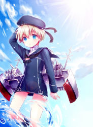 Rule 34 | 10s, 1girl, bad id, bad pixiv id, beret, blonde hair, blue eyes, blush, clothes writing, dress, hat, highres, kantai collection, looking at viewer, ocean, open mouth, personification, sailor dress, sailor hat, short hair, solo, unabara misumi, water, z1 leberecht maass (kancolle)