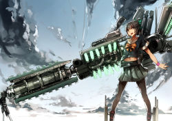 Rule 34 | 10s, 1girl, alternate weapon, armored core, armored core 5, black pantyhose, cloud, crossover, day, genyaky, grey eyes, grey hair, huge weapon, kantai collection, navel, pantyhose, pleated skirt, school uniform, science fiction, serafuku, short hair, short ponytail, skirt, sky, solo, standing, weapon, yuubari (kancolle)