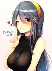 Rule 34 | 1girl, alternate costume, anchor symbol, bare shoulders, black hair, black sweater, blush, breasts, brown eyes, closed mouth, dated, eyes visible through hair, hair ornament, hairband, hairclip, haruna (kancolle), highres, index finger raised, jewelry, kantai collection, large breasts, long hair, looking at viewer, necklace, one eye closed, pink background, ribbed sweater, sidelocks, signature, simple background, smile, solo, sweater, sweater vest, swept bangs, tsukui kachou