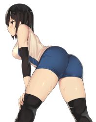 Rule 34 | 10s, 1girl, ass, back, bare shoulders, bent over, black hair, blue shorts, blush, buruma, expressionless, hand on own knee, kantai collection, kureha (ironika), leaning forward, red eyes, shorts, simple background, solo, sportswear, sweat, takao (kancolle), thighhighs, volleyball uniform, white background