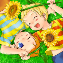 Rule 34 | 2boys, blue eyes, child, claus (mother 3), flower, hakaze, lucas (mother 3), lying, male focus, mother (game), mother 3, multiple boys, nintendo, one eye closed, siblings, smile, sunflower, twins, wink