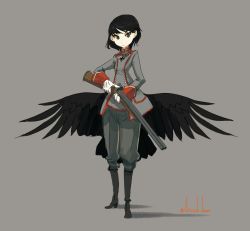 Rule 34 | 1girl, asterisk kome, black eyes, black footwear, black hair, boots, commentary request, cross, full body, gloves, grey background, gun, iron cross, looking at viewer, military, military uniform, monster girl, original, short hair, shotgun, simple background, solo, standing, twitter username, uniform, weapon, white gloves, wings