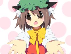 Rule 34 | 1girl, animal ears, bad id, bad pixiv id, brown eyes, brown hair, cat ears, cat girl, cat tail, chen, fang, female focus, hat, outstretched arms, reaching, reaching towards viewer, solo, soranagi, tail, touhou
