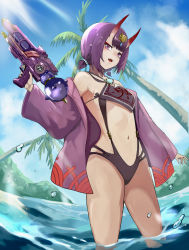 Rule 34 | 1girl, absurdres, artist request, black one-piece swimsuit, breasts, casual one-piece swimsuit, check artist, clothing cutout, eyeliner, fate/grand order, fate (series), headpiece, highres, horns, japanese clothes, kimono, low twintails, makeup, navel, one-piece swimsuit, oni, open clothes, open kimono, palm tree, partially submerged, purple eyes, purple hair, purple kimono, short hair, short kimono, short twintails, shuten douji (fate), skin-covered horns, small breasts, solo, standing, stomach cutout, swimsuit, tree, twintails, user rvpr3582, water gun