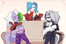 Rule 34 | 3girls, akeno(itsnafulol), animal ears, baby, bikini, black fur, blue hair, borrowed character, breastfeeding, breasts, breasts out, cleavage, couch, family, five nights at freddy&#039;s, five nights at freddy&#039;s: security breach, furry, furry female, furry with non-furry, green hair, hair between eyes, hair over one eye, helluva boss, highres, huge breasts, interspecies, large breasts, loona (helluva boss), louisesait, multicolored hair, multiple girls, original, pink eyes, purple fur, red eyes, roxanne wolf (fnaf), smile, swimsuit, tail, twintails, white fur, white hair, wolf ears, wolf girl, wolf tail, yuri