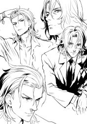 Rule 34 | 10s, 2boys, 3:, asanagi, bracelet, business suit, character sheet, closed mouth, collarbone, collared shirt, commentary request, formal, granblue fantasy, greyscale, hair between eyes, hand in own hair, hand on head, highres, jacket, jewelry, long hair, long sleeves, male focus, monochrome, multiple boys, necktie, open clothes, open shirt, percival (granblue fantasy), shirt, siegfried (granblue fantasy), simple background, smile, suit, upper body, white background