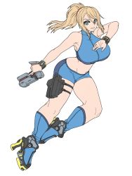 Rule 34 | 1girl, blonde hair, breasts, brups tv, commentary, english commentary, green eyes, gun, highres, holding, holding gun, holding weapon, jumping, large breasts, looking at viewer, metroid, midriff, navel, nintendo, ponytail, samus aran, short shorts, shorts, skin tight, sleeveless, solo, thigh strap, weapon, white background