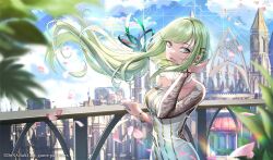 Rule 34 | 1girl, adjusting hair, air on the g string (takt op.), aqua eyes, asymmetrical sleeves, bare shoulders, bracelet, breasts, cloud, cloudy sky, dress, flower, green ribbon, hair ornament, hair ribbon, hairclip, highres, jewelry, light green hair, long hair, long sleeves, looking at viewer, medium breasts, mole, mole under mouth, neck ribbon, official art, petals, red flower, ribbon, sky, solo, striped clothes, striped dress, takt op., takt op. symphony, vertical-striped clothes, vertical-striped dress, very long hair, white dress