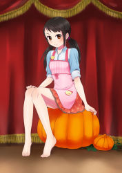 Rule 34 | 1girl, apron, arm at side, barefoot, black hair, blouse, blue shirt, breasts, brown eyes, collarbone, collared shirt, curtains, eyelashes, feet, female focus, fingernails, full body, hand on own knee, happy, heart, idol, idolmaster, idolmaster cinderella girls, legs, long hair, long twintails, looking at viewer, low twintails, nakano yuka, namco, neck, pink apron, pumpkin, red skirt, shinkai kiiro, shiny clothes, shiny skin, shirt, short sleeves, side bangs, sidelocks, sitting, skirt, small breasts, smile, stage, tiptoes, toenails, toes, twintails