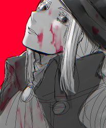 Rule 34 | 1girl, ascot, blood, blood on clothes, blood on face, bloodborne, collared jacket, female focus, hat, head tilt, jacket, kureson (hayama baa), lady maria of the astral clocktower, looking at viewer, monochrome, parted lips, red background, red pupils, sidelocks, simple background, sketch, solo, teeth, upper body