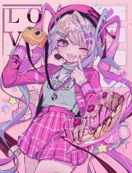 Rule 34 | 1girl, absurdres, aqua bow, aqua hair, banana, banana split, bandaid, bandaid on hand, blonde hair, blue eyes, blunt bangs, blush, bow, camera, camera around neck, cardigan, cherry, chocolate doughnut, chocolate syrup, chouzetsusaikawa tenshi-chan, clothes writing, cream, cross-laced headwear, doughnut, earrings, emoji hair ornament, english text, fangs, finger to cheek, food, fruit, gradient hair, green shirt, hair bow, hair ornament, hairclip, heart, heart-shaped pupils, heart earrings, heart necklace, high-waist skirt, highres, holding, holding camera, ice cream, index finger raised, jewelry, long hair, long sleeves, looking at viewer, marshmallow, modohwa, multicolored hair, nail polish, necklace, needy girl overdose, one eye closed, open cardigan, open clothes, open mouth, pink background, pink beanie, pink bow, pink cardigan, pink hair, pink nails, pink pupils, pink skirt, plaid, plaid skirt, purple bow, purple hair, saliva, shirt, shirt tucked in, skirt, smile, smiley hair ornament, solo, sparkle, sprinkles, star (symbol), sweat, symbol-shaped pupils, turtleneck, twintails, v-shaped eyebrows, very long hair