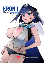 Rule 34 | 1girl, black panties, black shirt, blue eyes, blue hair, blue ribbon, breasts, breasts out, cape, chain, chain headband, crop top, dismassd, hair intakes, headband, highres, hololive, hololive english, huge breasts, large breasts, looking at viewer, navel, nipples, open mouth, ouro kronii, ouro kronii (1st costume), panties, puffy nipples, ribbon, ribbon earrings, shirt, short hair, simple background, solo, underwear, virtual youtuber, white background, white shirt