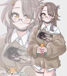 Rule 34 | 1girl, absurdres, black-framed eyewear, black choker, blush, brown eyes, brown hair, cellphone, choker, closed mouth, collared shirt, glasses, highres, hololive, hololive english, long hair, long sleeves, looking at viewer, monja (monja0521), nanashi mumei, phone, red nails, shirt, smartphone, smile, solo, thigh strap, virtual youtuber, white hair, white shirt, zoom layer