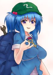 Rule 34 | 1girl, adjustable wrench, backpack, bad id, bad pixiv id, bag, blue eyes, blue hair, blush, breasts, hair bobbles, hair ornament, hat, kawashiro nitori, key, matching hair/eyes, ocha (ochappie), ok sign, short hair, sleeves rolled up, smile, solo, touhou, twintails, two side up, wrench