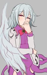 Rule 34 | 1girl, bow, bowtie, braid, covering own mouth, dress, french braid, grey background, half-closed eyes, highres, jacket, kishin sagume, long sleeves, marsen, one-hour drawing challenge, pink eyes, purple dress, simple background, single wing, solo, touhou, wings