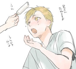 Rule 34 | 1boy, 1other, alphonse elric, blonde hair, clenched teeth, cupping hand, dutch angle, feeding, fingernails, food, from below, fullmetal alchemist, giving, grey shirt, hand up, holding, holding food, looking at food, looking up, lower teeth only, lowres, male focus, melting, noako, open mouth, out of frame, pale skin, popsicle, shirt, short sleeves, simple background, solo focus, sweatdrop, swept bangs, teeth, tongue, translation request, upper body, white background, yellow eyes